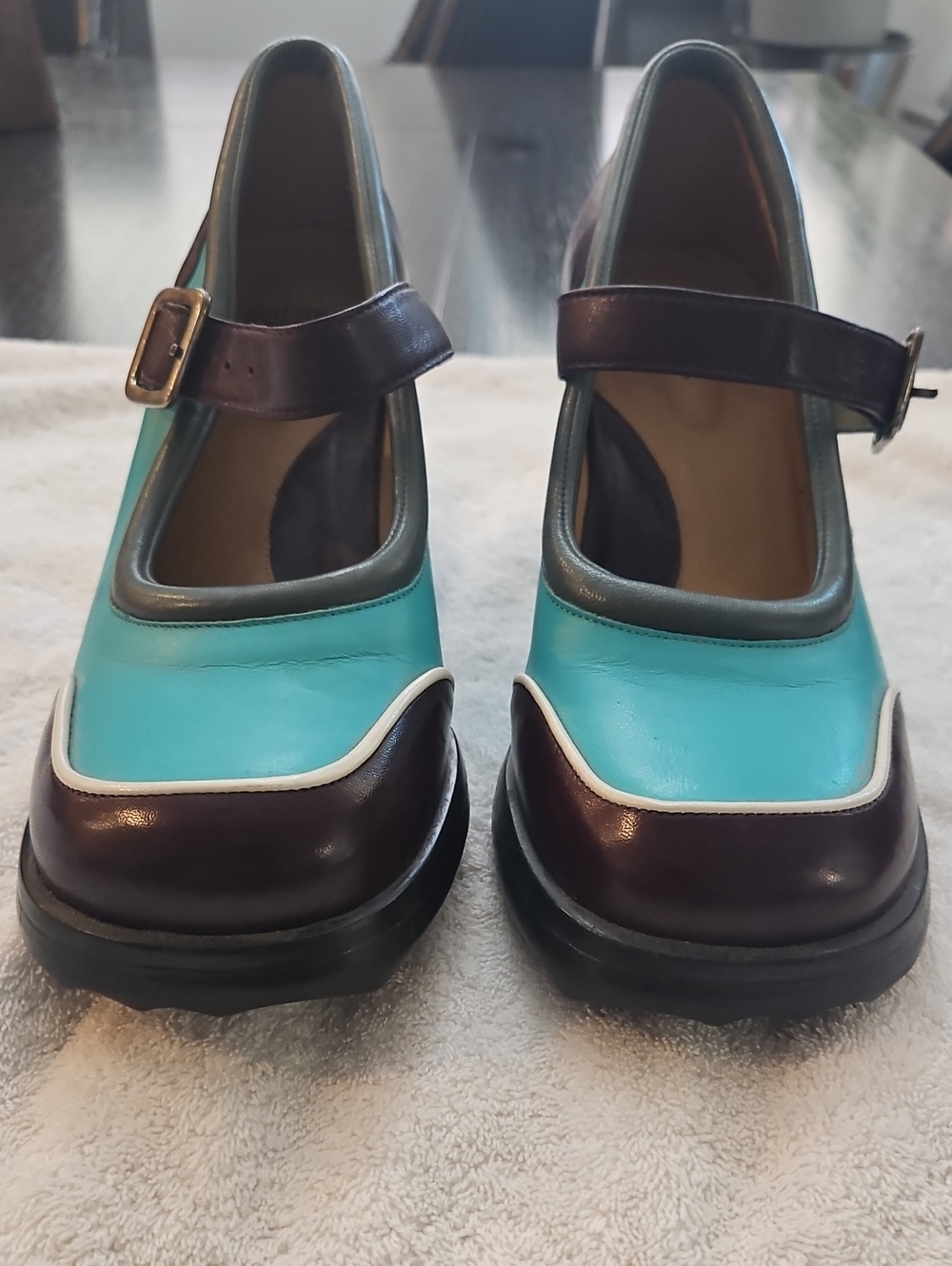 John Fluevog Aqua & Purple Mini gorgouse Mary Jane Heels Sz 10 - Picture 2 of 9